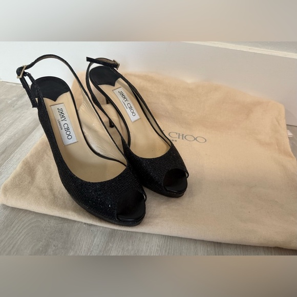 Jimmy Choo CLUE Black Glitter Leather Slingback Peep Toe High Heel Pumps 38 7.5